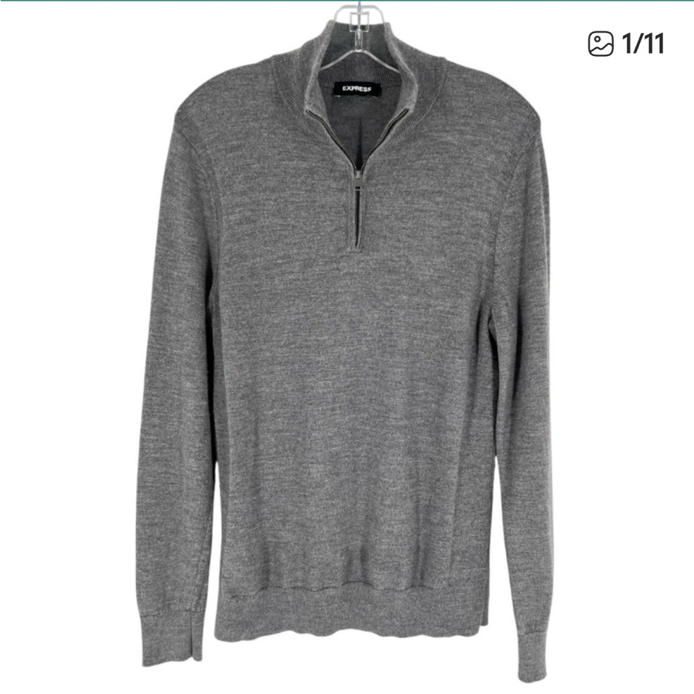 Express Merino Wool Sweater Mens Size Medium Gray Knit Quarter Zip Pullover